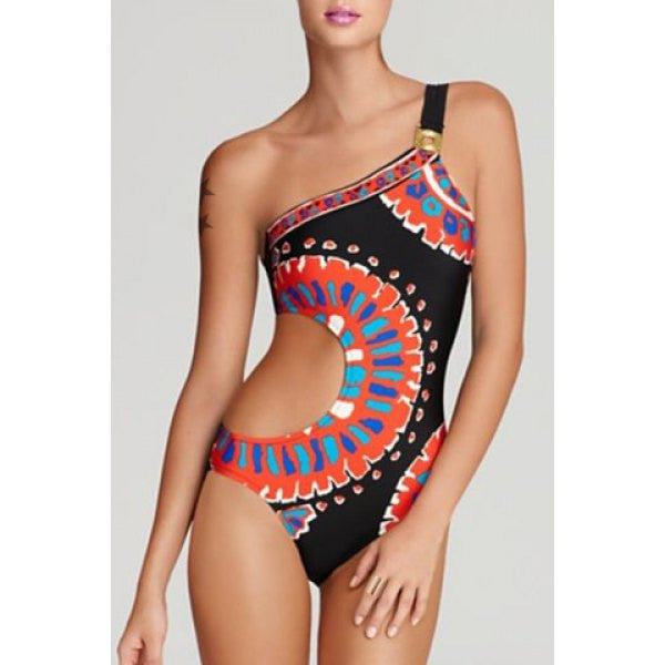 Sexy & sporty one shoulder multi print one piece monokini swimwear with one side cutout