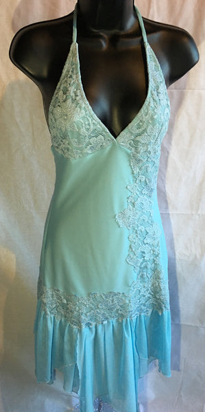 Beautiful baby blue lace detail dress with hankerchief hem