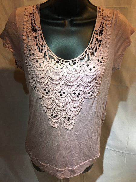 Blush pink blouse with lace applique detail