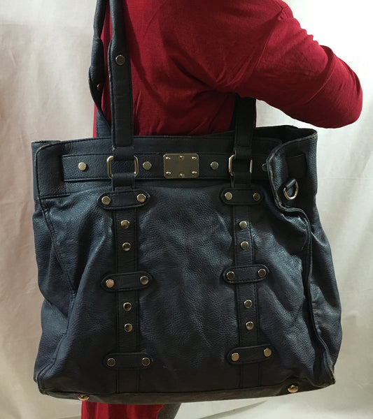 Vegan blue leather studded tote