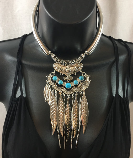 Silver Choker Necklace with Feathers