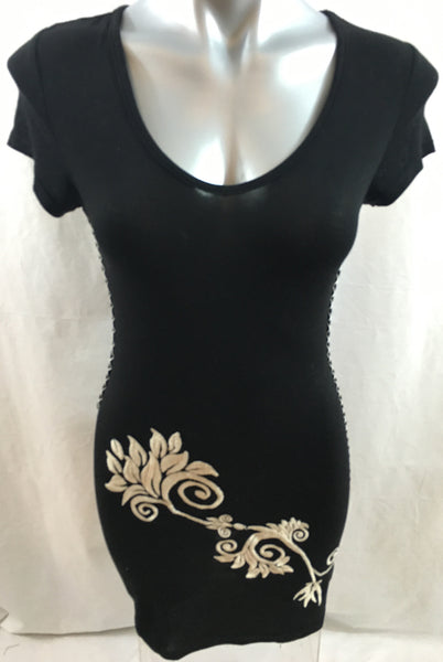 Black cotton t-shirt dress with white embroidery stitching and design