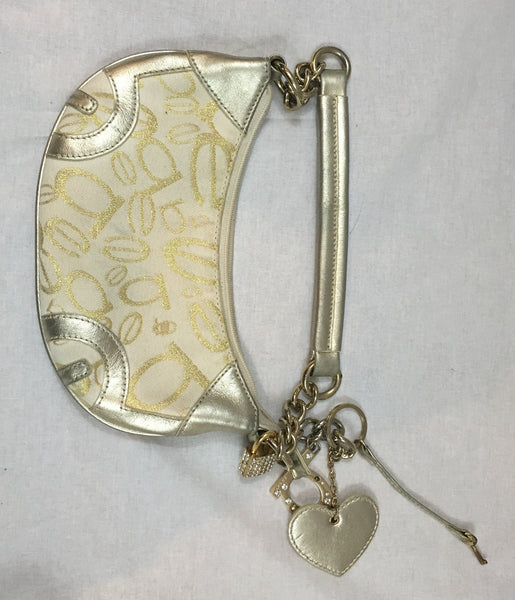 Off White and Gold BEBE small purse with charms