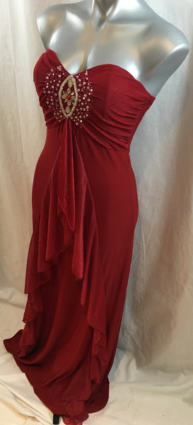 Classy burgundy red strapless maxi dress with bead detail chiffon drape